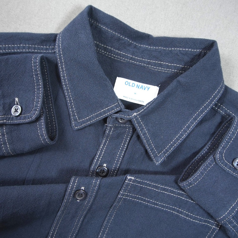 Dark Wash Chambray Contrast Stitch Denim Western Old Navy Utility Men Shirt M
